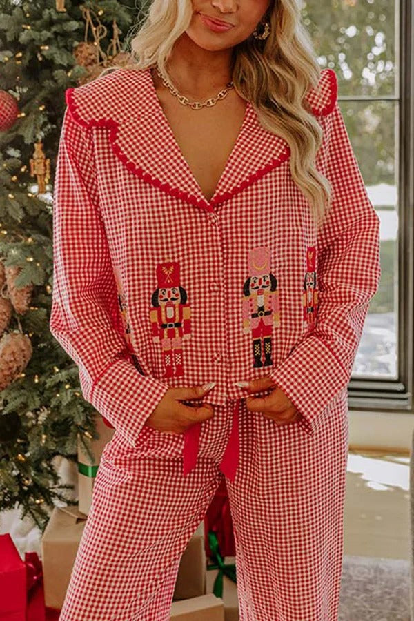 Nutcracker Charm Embroidered Gingham Loose Shirt and Elastic Waist Pajama Set