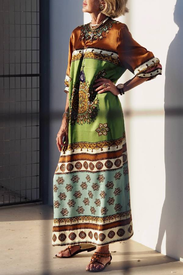 Bohemian Ethnic Printed 3/4 Sleeve Maxi Dress