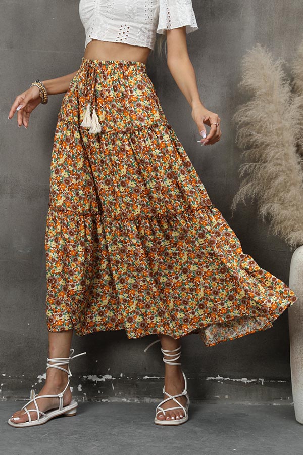 Floral fungus lace stitching layered skirt bohemian tassel seaside holiday beach skirt