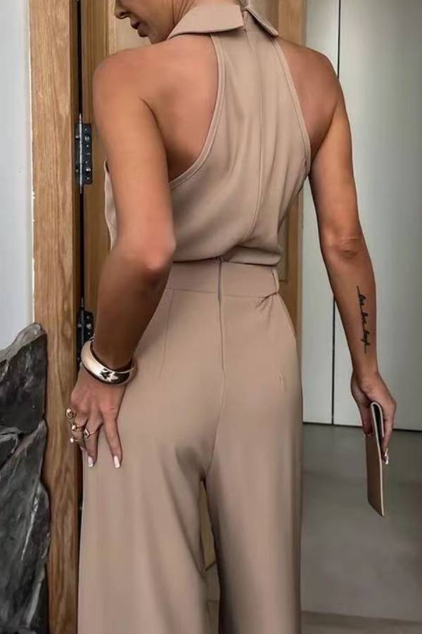 Collared Halter Backless High‑Waist Wide‑Leg Jumpsuit