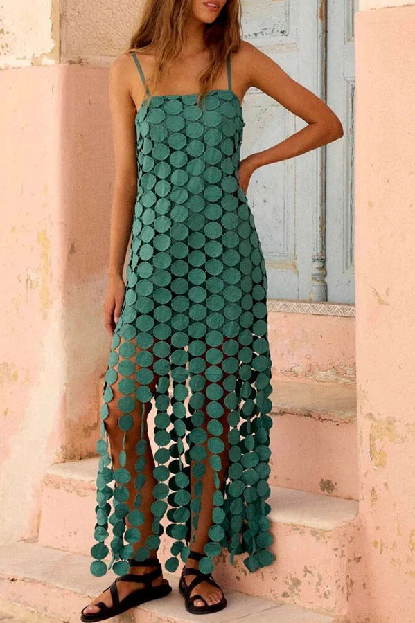 Juju Embroidered Cutout Polka Dots Square Neck Tassel Hem Slip Maxi Dress