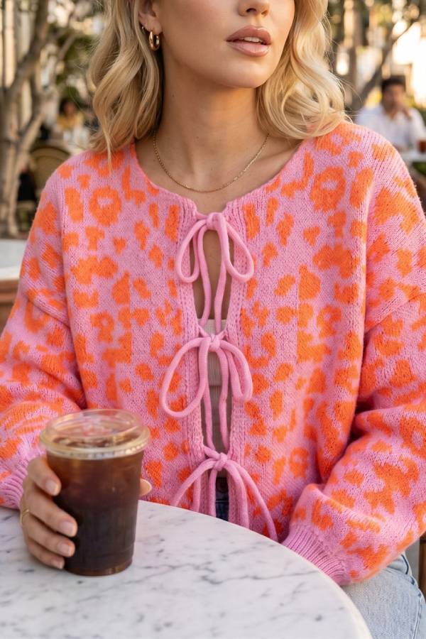 Leopard Print Bow‑Tie Short Knit Cardigan