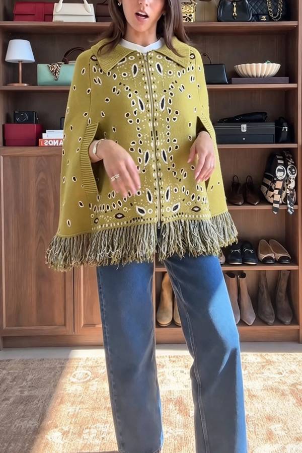 Lennie Bandana Knit Printed Open-Sleeve Pocket Fringe Lapel Zipper Poncho Sweater