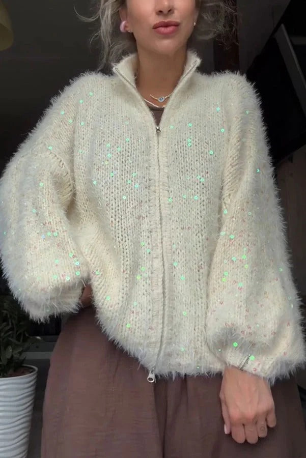 Relaxed Sequin Mohair-blend Knit High Neck Zipper Balloon Sleeve Cardigan