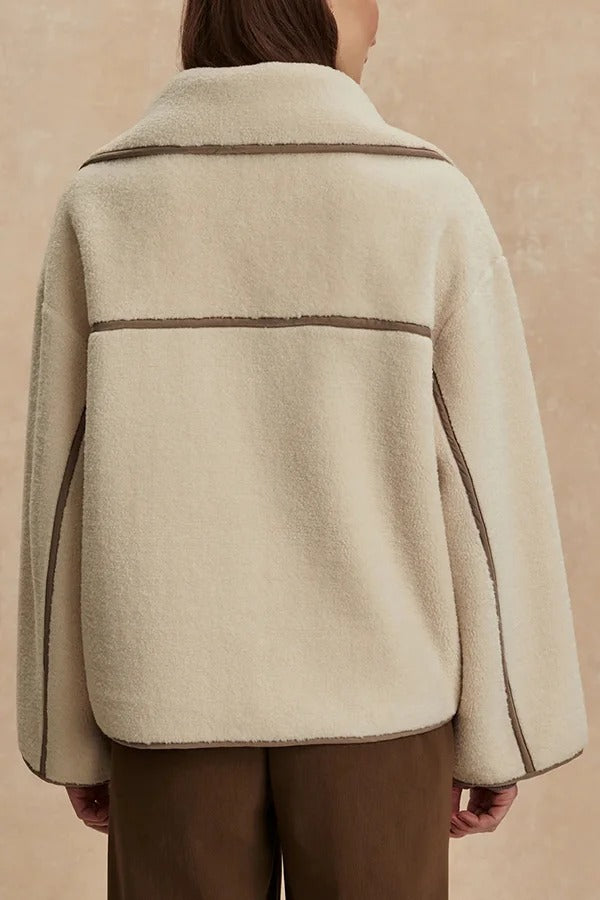 Romane Faux Fleece Fabric Contrast Trim Long Sleeve Knitted Pocket Lapel Loose Jacket