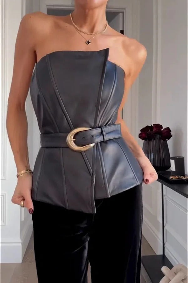 Fashionable and Avant-garde Faux Leather Belted Strapless Asymmetric Top