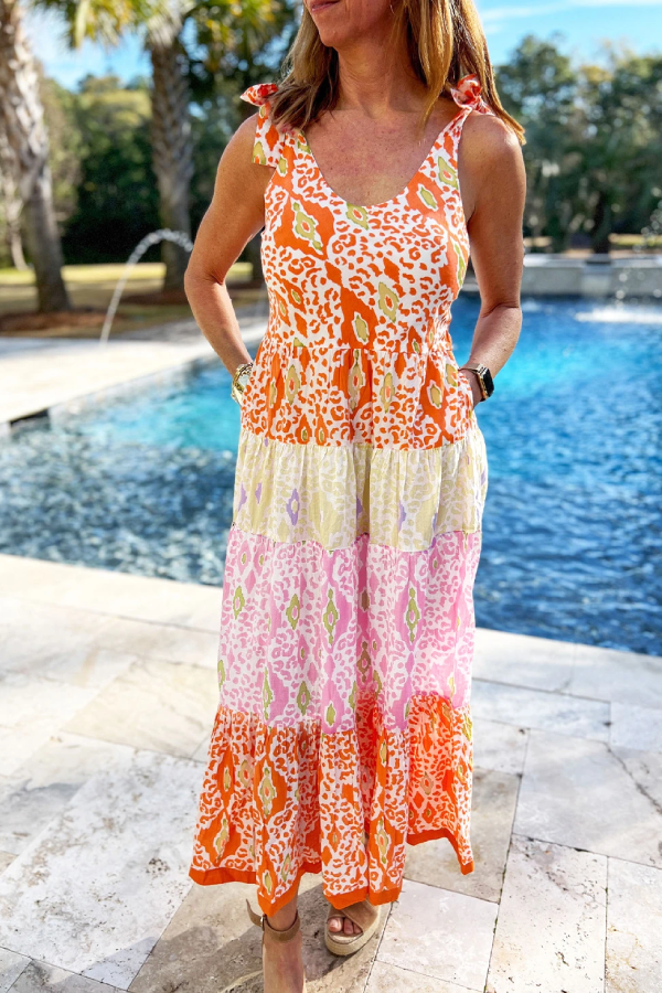 Orange Knotted Straps Leopard Colorblock Tiered Dress