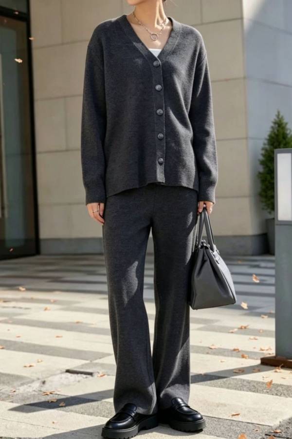 V‑Neck Knit Cardigan & Wide Leg Pants Two‑Piece Set