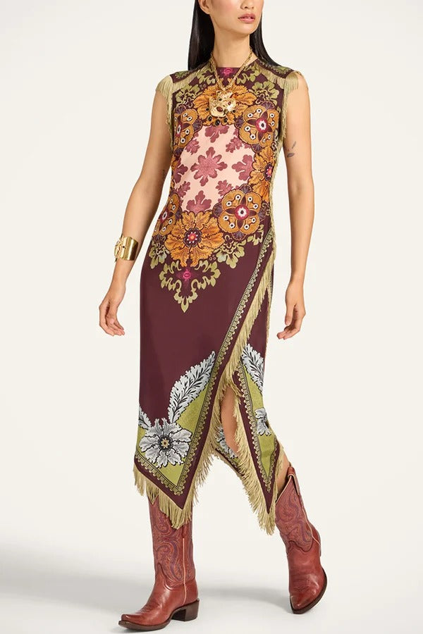 Bohemian Style Floral Print Tassel Trim Irregular Hem Slit Scarf Midi Dress