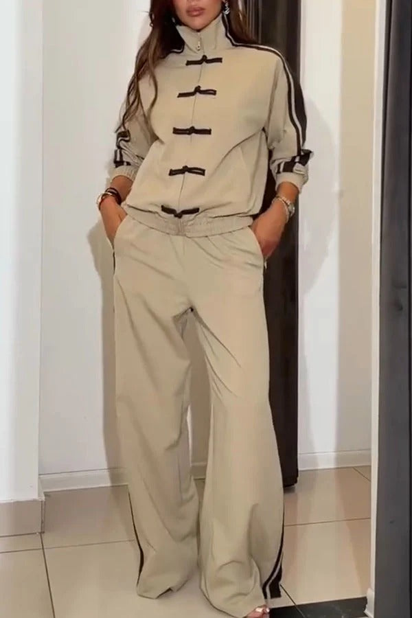 Fashionable Sporty Stripes Long Sleeve Knotted Button Jacket and Elastic Waist Pocket Pants Set