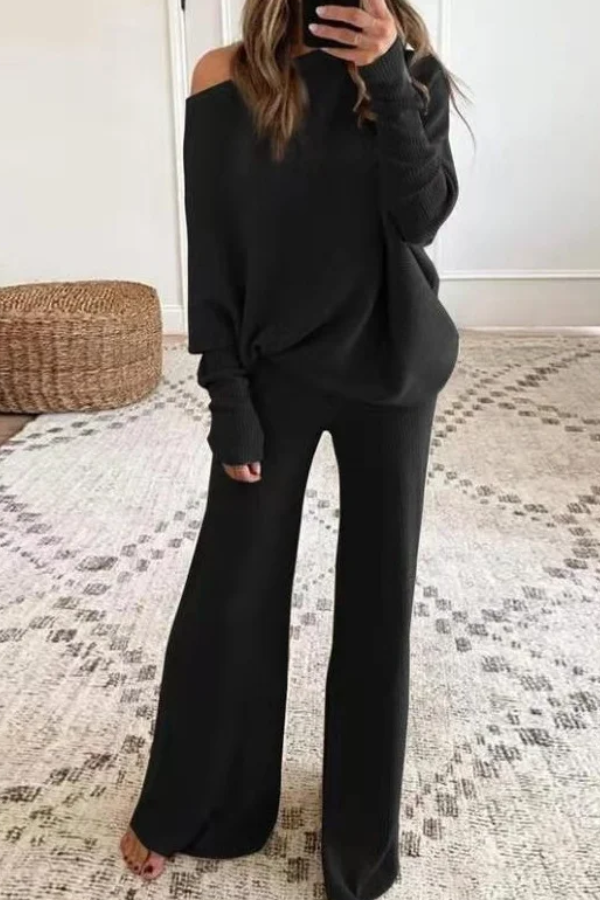 Casual Solid Color One-Shoulder Ladies Knit Set