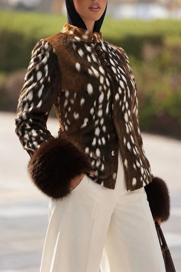 Retro Street Style Faux Fur Animal Print Stand Collar Button Furry Cuffs Jacket