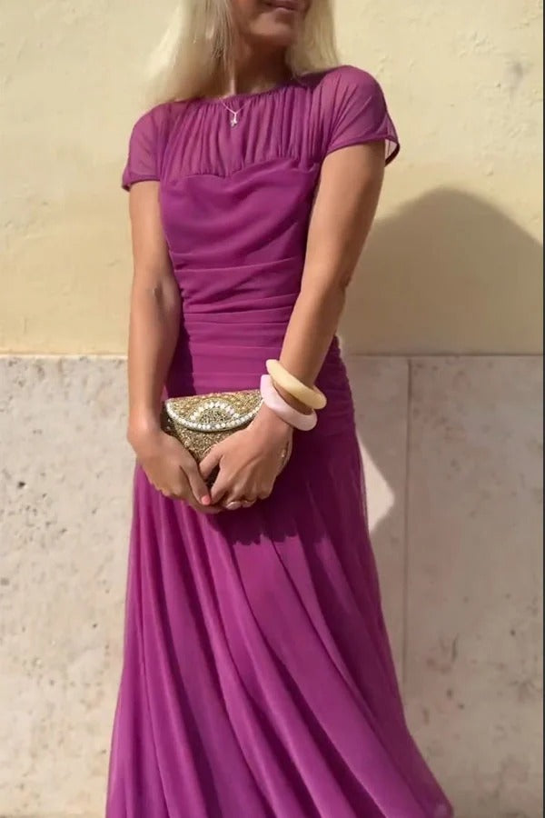Chic Illusion Yoke Short Sleeve Flowy Long Dress