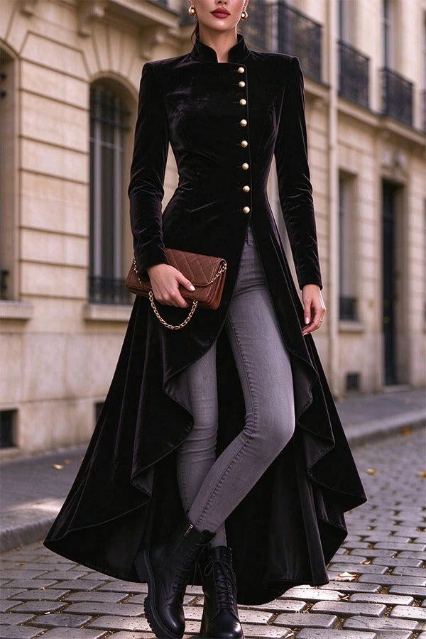 Napoleon Style Velvet Stand Neck Button Long Sleeve High Low Hem Midi Coat