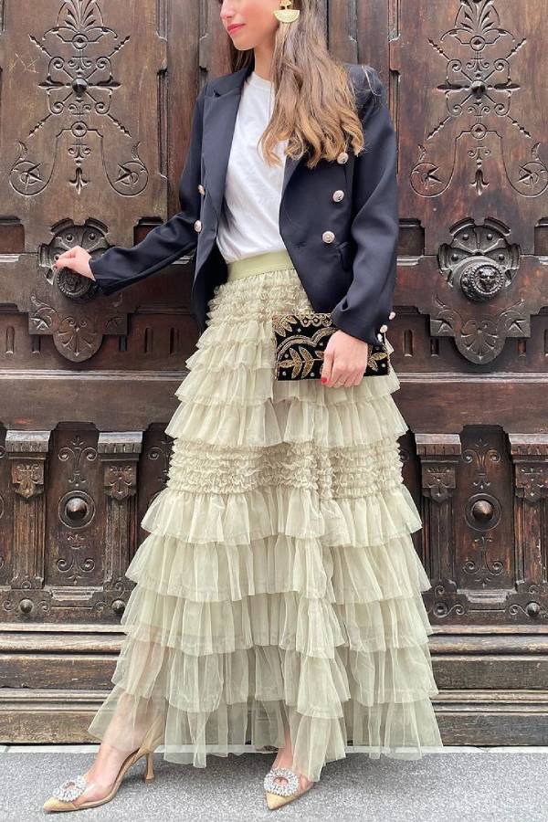 City Empress Tiered Elastic Waist Tulle Maxi Skirt