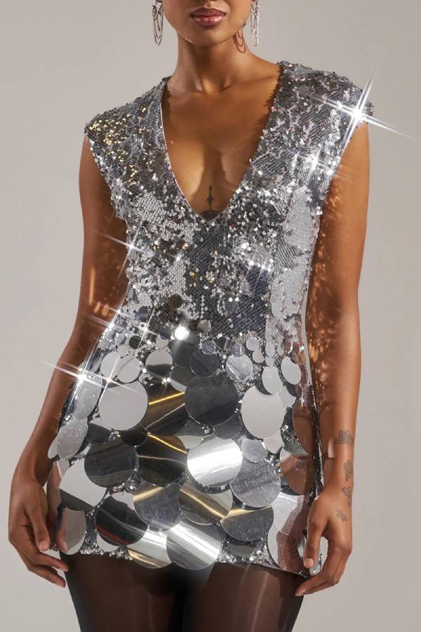 V‑Neck Sleeveless Large Sequin Mini Party Dress