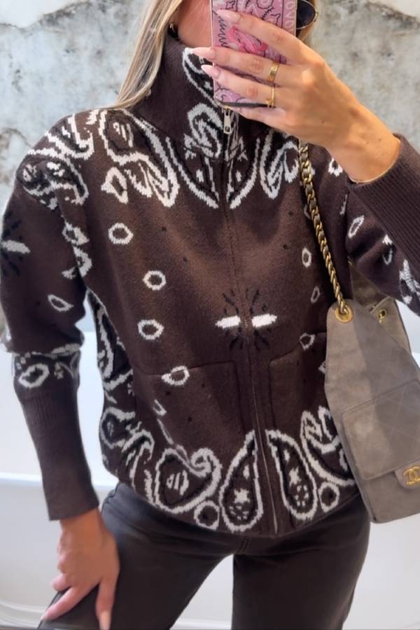 Paisley Bandana Print Zip Up Knit Jacket