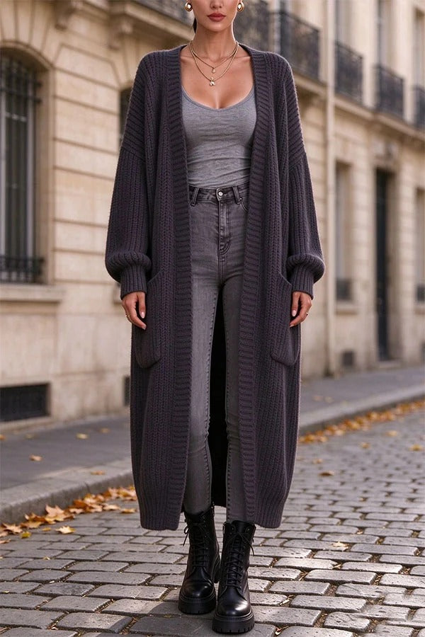 Trendy Thick Knit Open Front Long Sleeve Pocket Oversized Midi Cardigan