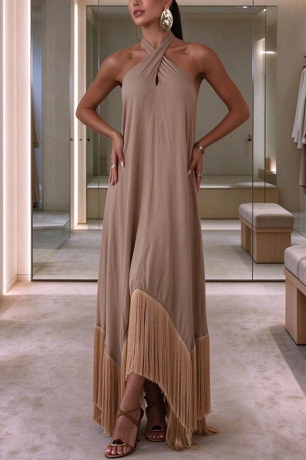 Elegant Halter-Neck Tassel Trim Backless Evening Gown Maxi Dress