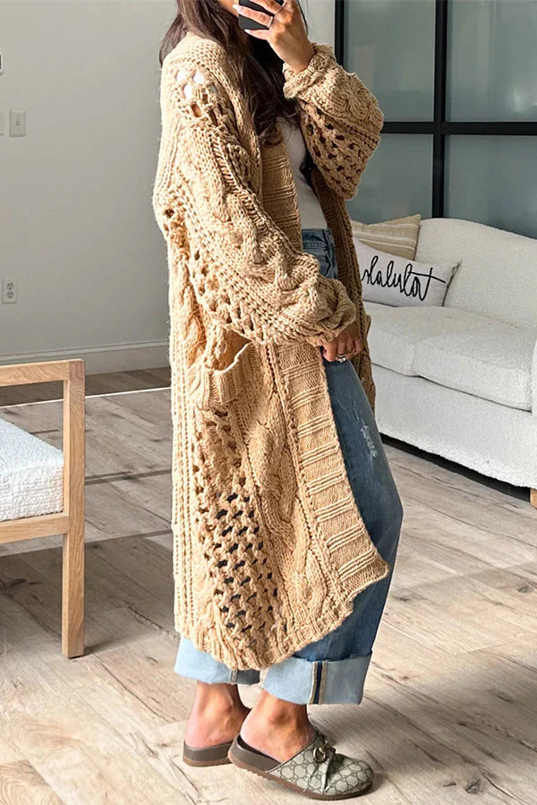 Knit Cable Cotout Long Sleeve Pocket Oversized Midi Cardigan