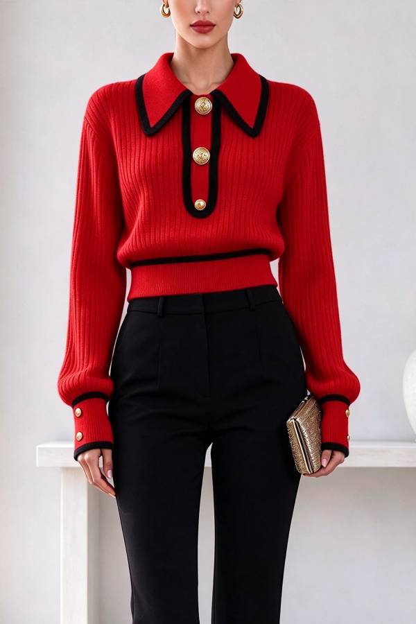Olivia Knit Top with Contrast Piping and Collar