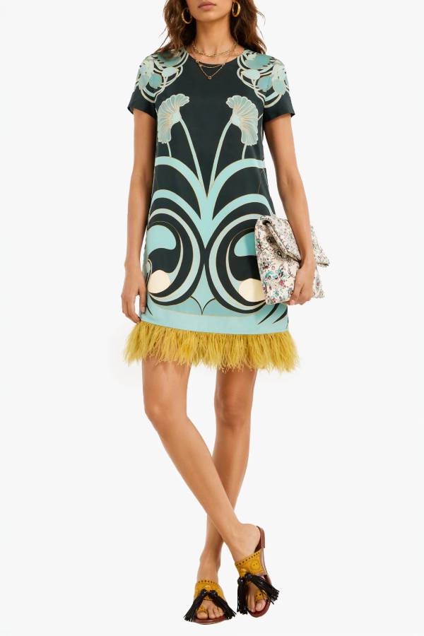 Satin Printed Feather Tassel Shift Dress