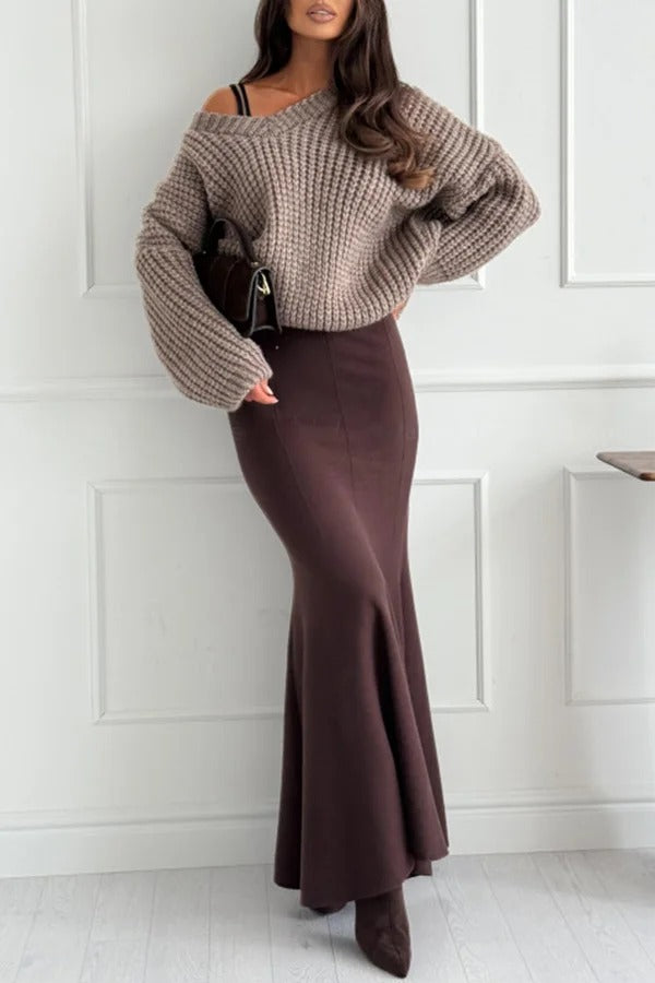 Caitlin Knit Stretch Fabric High Waist Fishtail Casual Maxi Skirt
