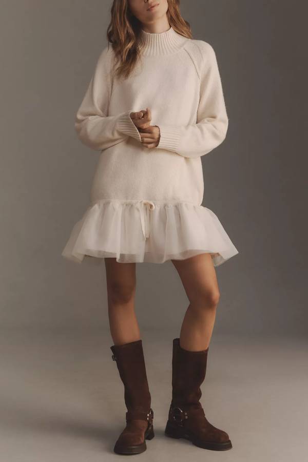 Holiday Cutie Knit Long Sleeve Turtleneck Tulle Twofer Mini Dress