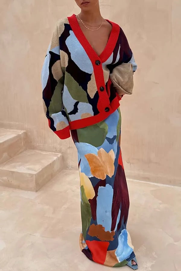 Bright and Bold Satin Abstract Color Blocks Print Elastic Waist Drape Maxi Skirt