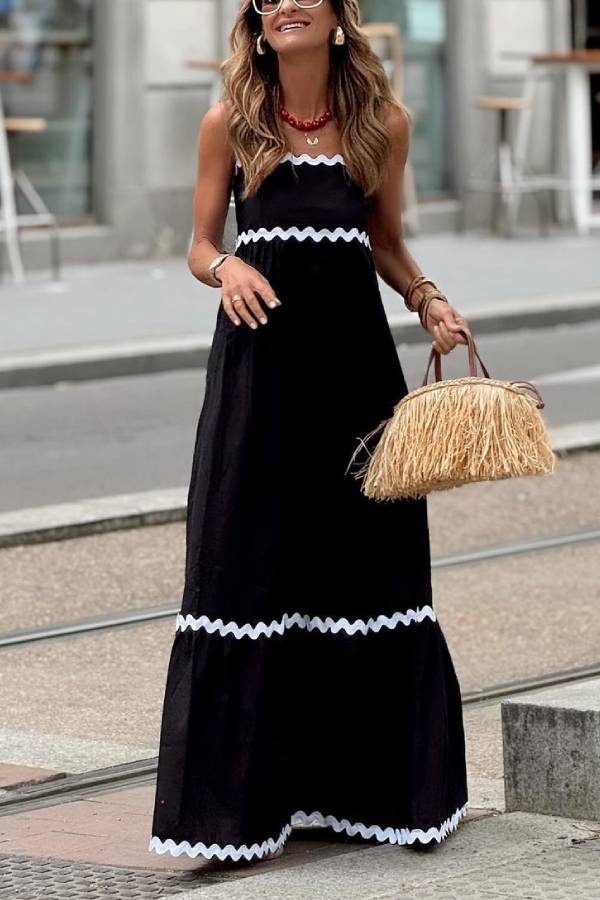 Bayside Beauty Wave Trim Patchwork Back Smocked Suspender Maxi Dress