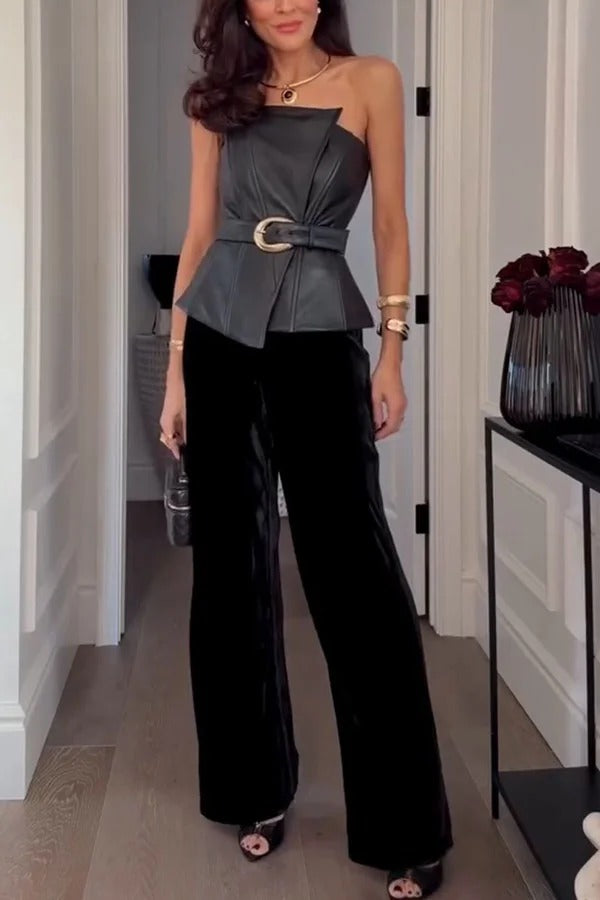 Fashionable and Avant-garde Faux Leather Belted Strapless Asymmetric Top