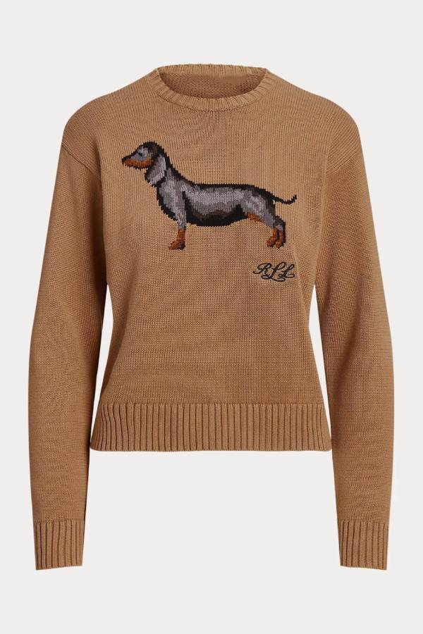 Vintage Dachshund Jacquard Crew Neck Knit Sweater
