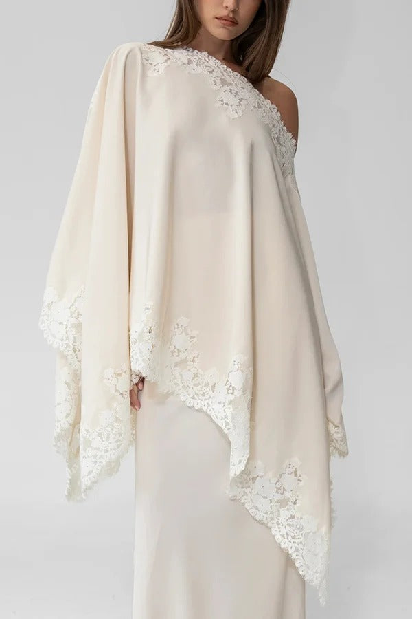 Like A Swan Lace Trim Off Shoulder Cape Top and Elastic Waist Draped Maxi Skirt Set