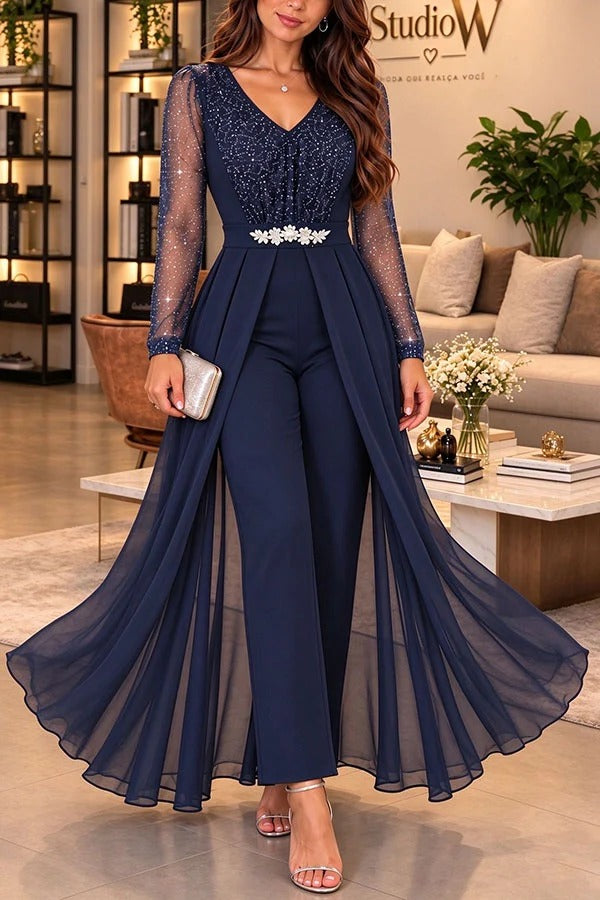 Aurora Tulle Shimmer Detail and Floral Appliqué Embellishment Waist Wide Leg Shawl Jumpsuit