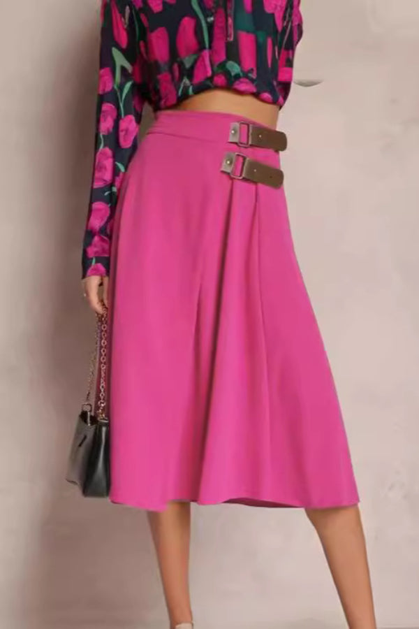 Leather Stitching Solid Color Fashionable Skirt, Elegant and Artistic Retro Skirt for Women