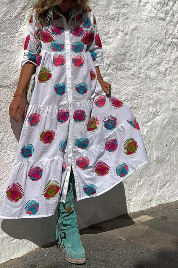 Take Me To Cabo Ethnic Unique Print Button Loose Shirt Midi Dress