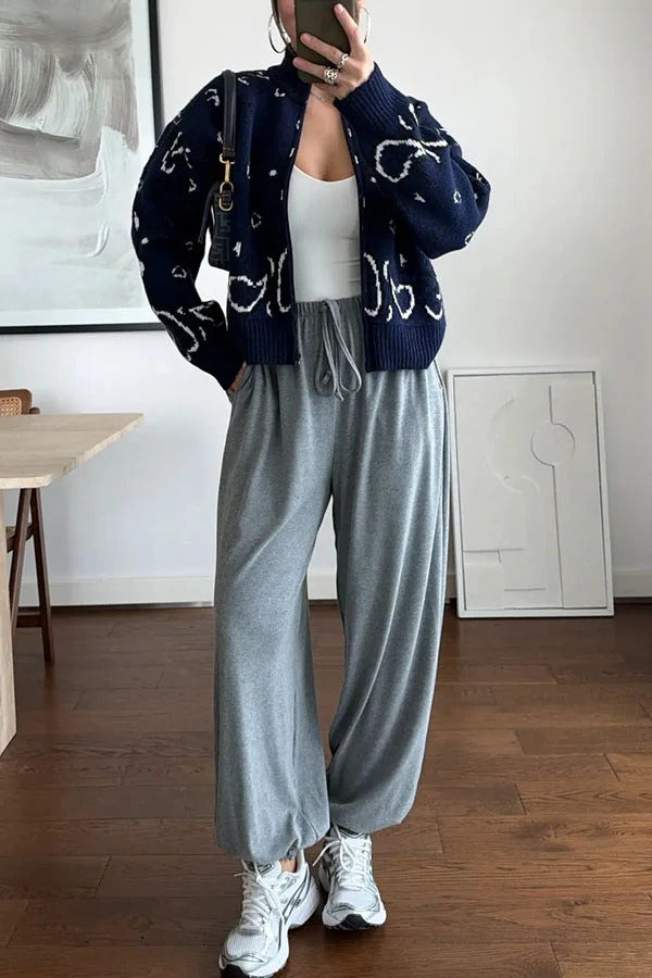 Bandana Knit Printed High Neck Long Sleeve Zipper Relaxed Cardigan