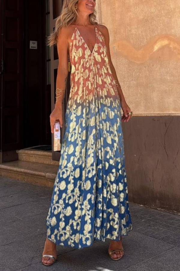 Bianca Tie-dye Ombre Gold Floral Print A-line Halterneck Maxi Dress