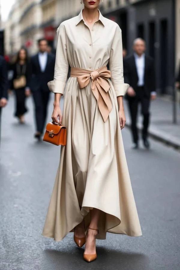 Shirt-collar, fitted-waist long dress