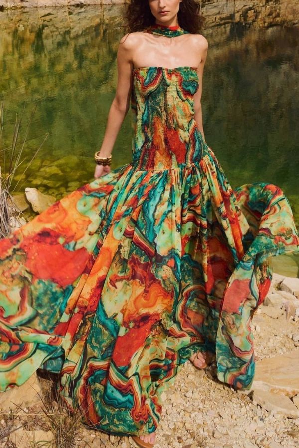 Vacay Vibes Colorful Lava Print Off Shoulder Smocked Scarf Maxi Dress