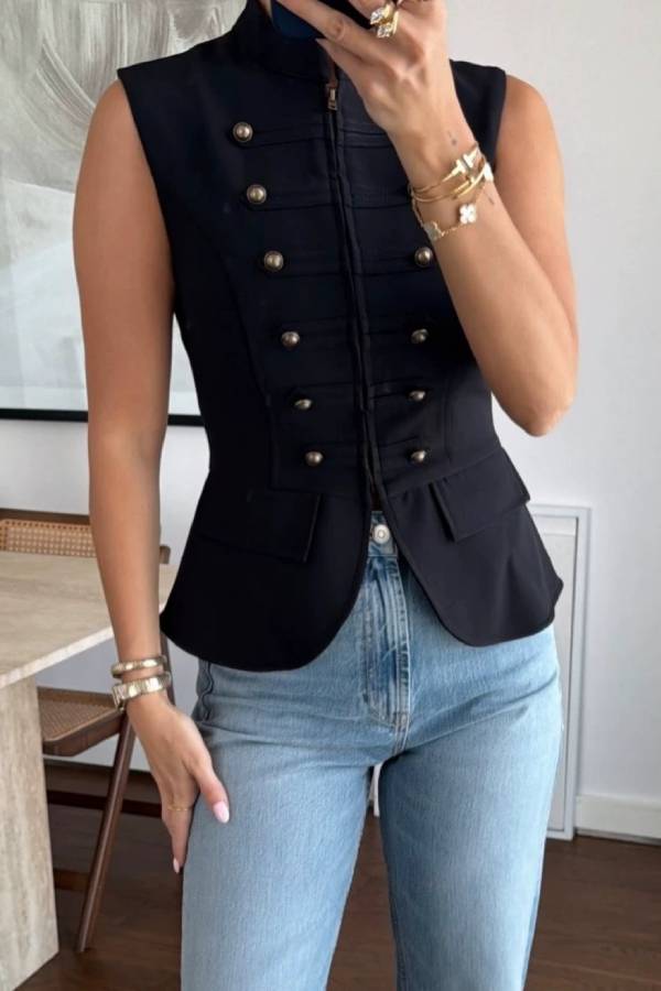 French Vintage Stand‑Collar Double‑Breasted Metal‑Button Fitted Waistcoat