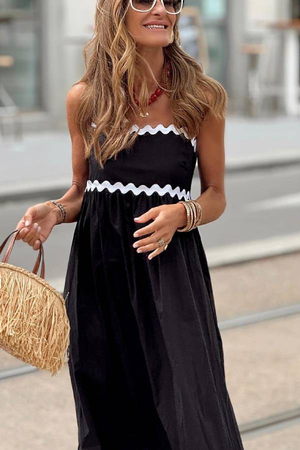 Bayside Beauty Wave Trim Patchwork Back Smocked Suspender Maxi Dress