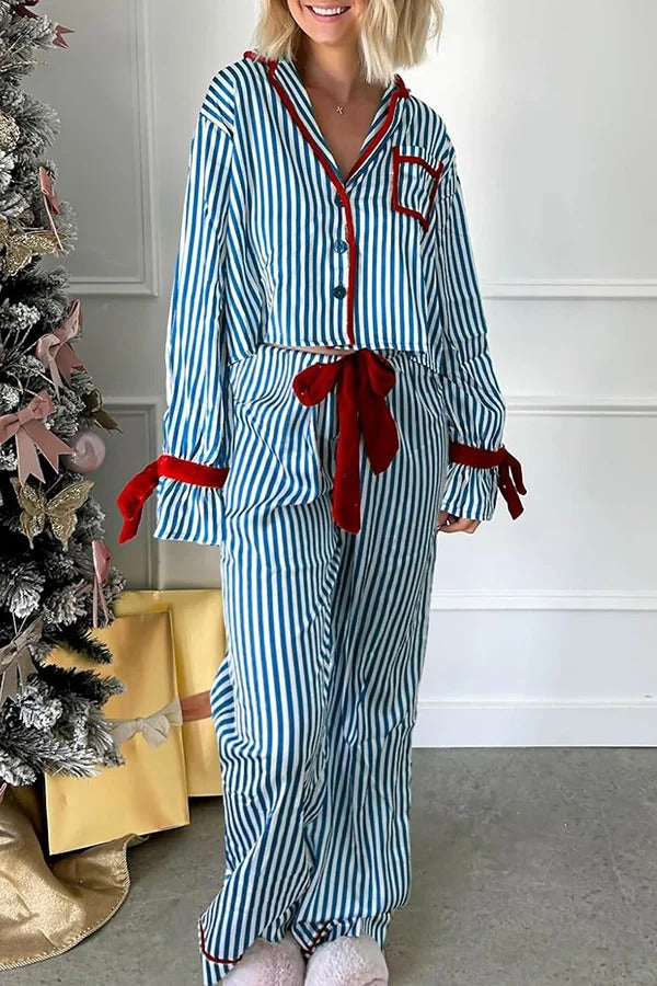 Striped Printed Color-blocked Trim Long-sleeved Loose Top and Elastic Waist Belt Wide-leg Pants Set