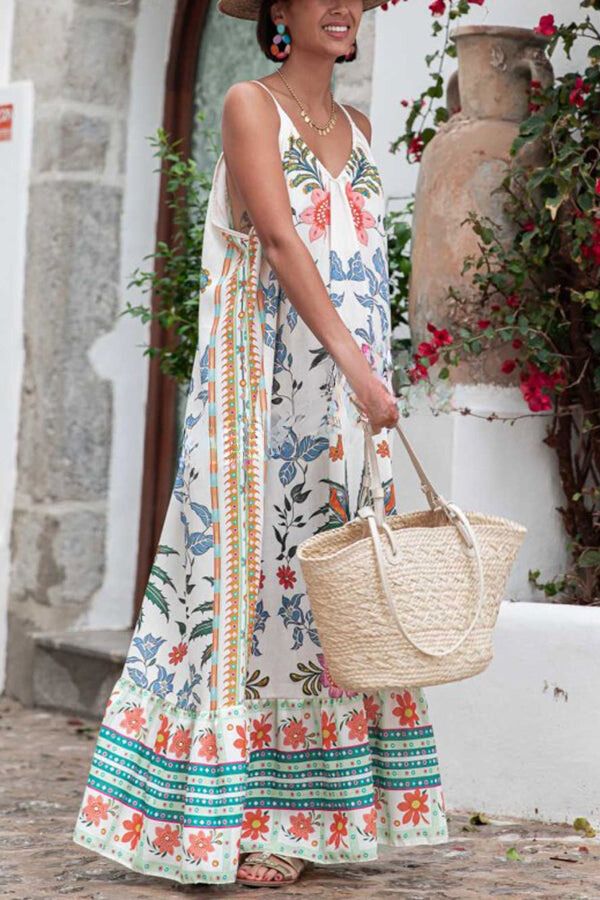 Marisol Linen Blend Unique Print A-line Slip Loose Maxi Dress