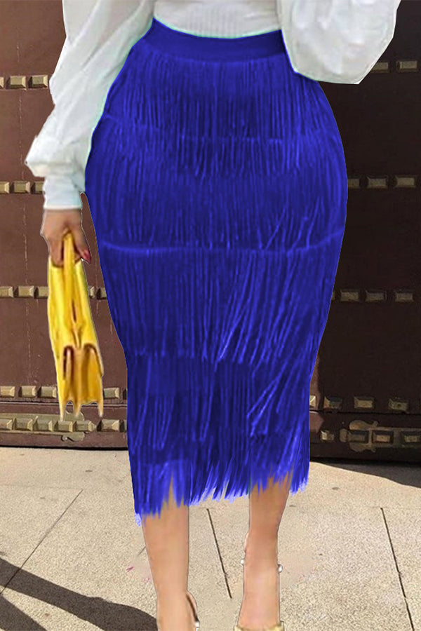 SOLID COLOR HIGH WAIST ELASTIC WAIST PLEAT FRINGED SKIRT