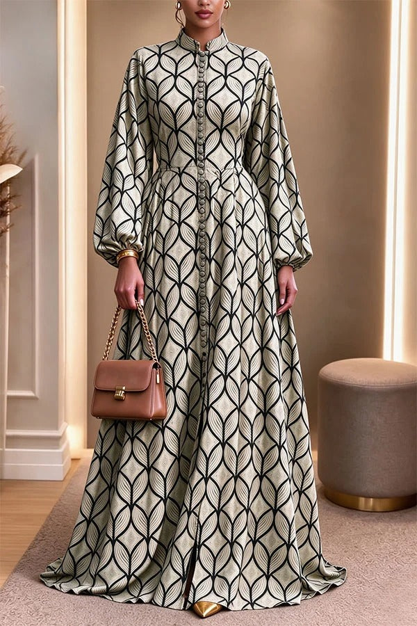 Elegant Unique Print Button Front Details Long Balloon Sleeve Maxi Dress