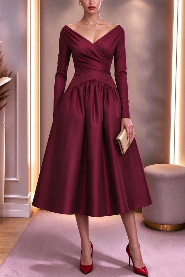 Evening Gown Satin V-neck Long Sleeve Fitted Waist Pocket Full Flared Midi Dress