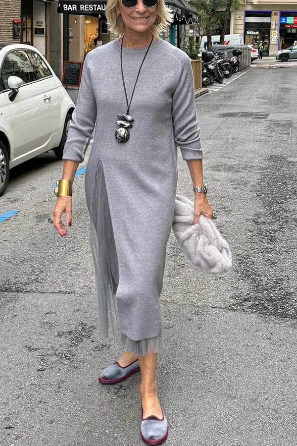 Jollie Knit Long Sleeve Front Slit Midi Sweater and Pleated Tulle Stretch Tank Midi Dress Two-piece Set