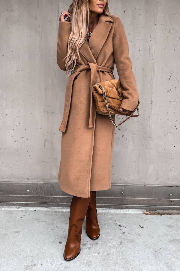Lapel belted long wool coat