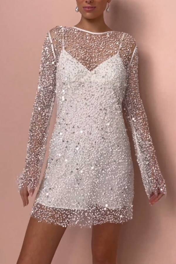 Sparkling Sequin Mesh Long-Sleeve Short Evening Dress